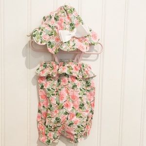 Mud Pie petite petals romper and hat 9-12 months